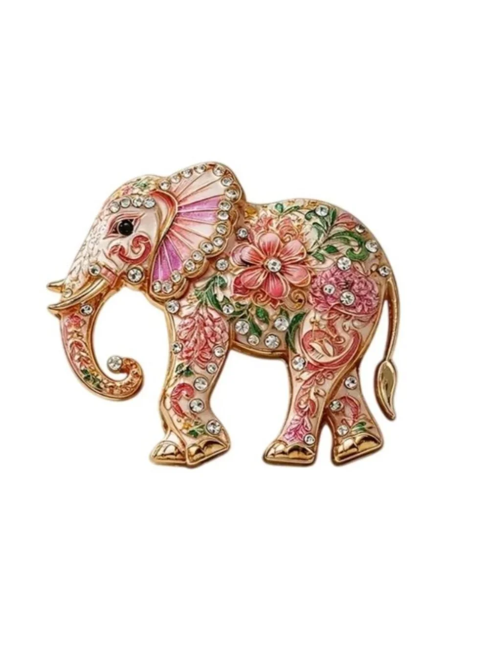 Enamel & Rhinestone Pink Floral Elephant Brooch Pin Gold-Tone